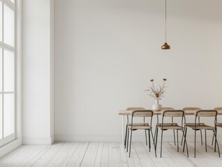 3D rendering of a simple dining table with chairs in a white room mockup, in the style of wood and black meta
