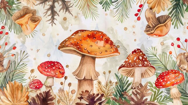 a poster for a etsy shop which sells aquarell pictures with topics like mushrooms and wood and abstract product photopraphy