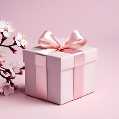 A dainty and elegant present gift box adorned with a delicate pale pink satin ribbon, embellished with blooming sakura flowers. This charming image is set against a soft pale pink background, evoking 