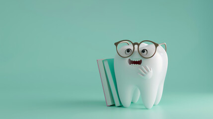 Cute cartoon character of tooth with eyeglasses and book.