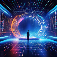 An abstract depiction symbolizing digital transformation, showcasing the convergence of virtual data flows and AI elements to craft a transformative user experience. 