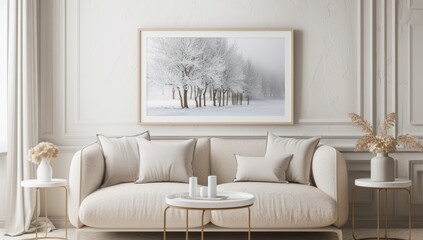 Living room with a beautiful framed art print hanging on the wall