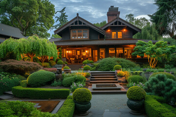 Twilight view of a Craftsman house with a nearby topiary garden and intricate designs