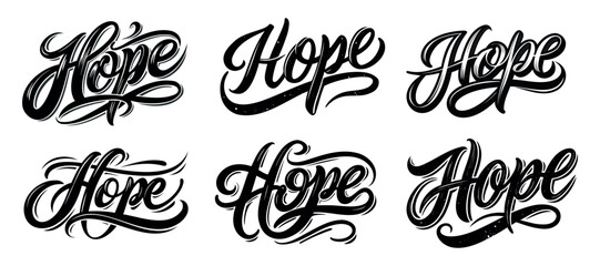 Hope - set typographic lettering isolated on white background. Hand calligraphy.