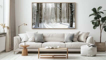 A beautiful framed photo of a winter forest hanging on the wall above the sofa in a modern living room
