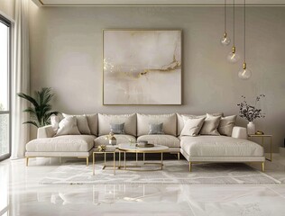 A beautiful living room with an abstract painting on the wall, light gray walls and white marble flooring