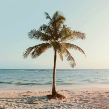 A palm tree stands alone on a sandy beach, with the ocean in the background