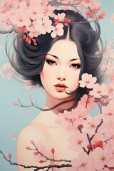 Illustration of a young Japanese woman surrounded by cherry blossoms