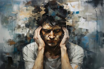 Mental health concept. Illustration of a man in a depressed state holding his head. - 770781450