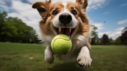 Joyful Dog Fetching Tennis Ball