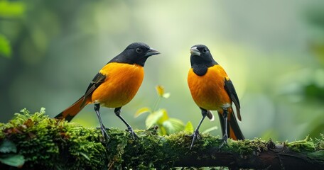 Orange Tropic Birds, Baltimore Orioles, Amidst Lush Forest