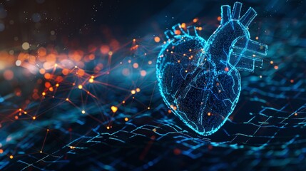 Glowing human heart 3D over dark background