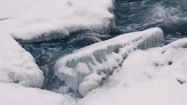 Shelf ice with flowing water in winter in Northern Norway.