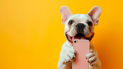 dog French Bulldog holding a cell phone with its paws on a plain yellow background simulating a...