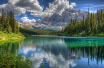 Fototapeta premium Crystal clear turquoise waters of an alpine lake with towering mountain peaks and lush greenery
