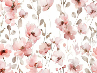 Pink Watercolor flowers, seamless pattern, soft pastels on white background, delicate and airy - obrazy, fototapety, plakaty