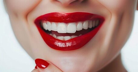 Perfect Female Smile Achieved Through Teeth Bleaching, Red Lips Shine - obrazy, fototapety, plakaty