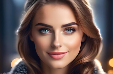 Naklejka premium close-up of a beautiful woman. She smiles contentedly