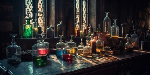 A table with many colorful bottles of liquids on it - obrazy, fototapety, plakaty