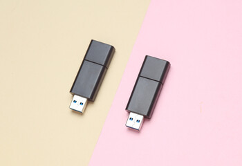 Two black USB flash drives on pastel background. Top view