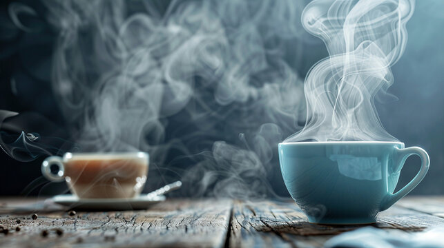 Close-up of Steam Rising from a Cup of Hot Tea on Wooden Table
