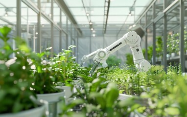 A robotic arm trims plants in a greenhouse for precision cutting