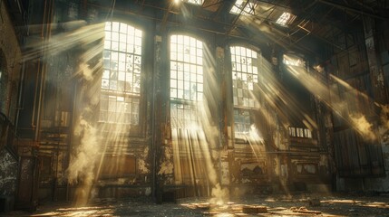 An old, abandoned factory interior, with beams of light filtering through broken windows, illuminating the dust particles in the air