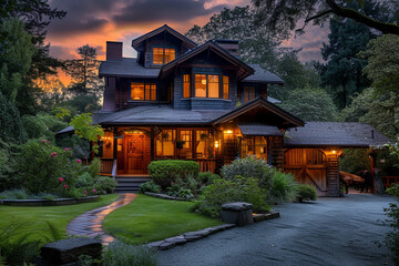 Twilight view of a Craftsman house with a nearby horse stable and a soft golden glow