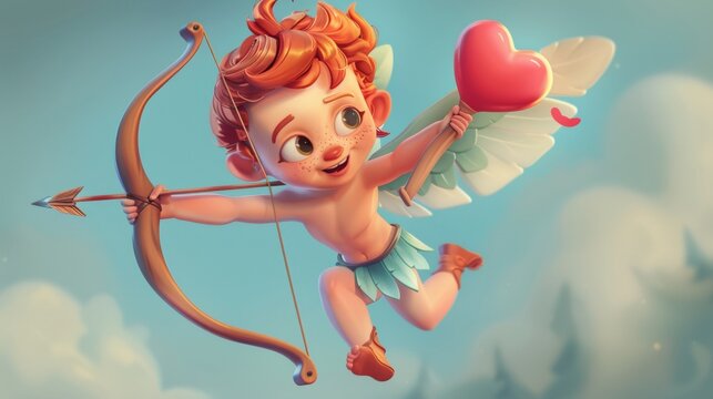 Cute Cupid angel with bow and arrow symbolizing love. 3D cartoon.