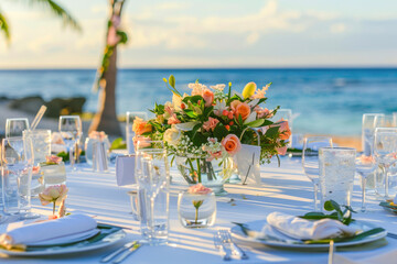 Fototapeta premium Decorated table reception at beach resort, Dinner, Wedding, Party, Honeymoon, Generative Ai