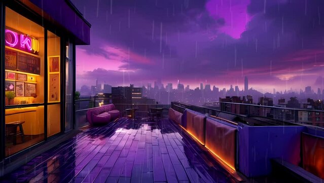 modern rooftop terrace during the evening. The atmosphere is serene and enchanting, illuminated by the soft glow of ambient lighting against the backdrop of the city skyline. 