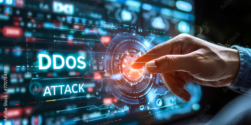 Poster threat of distributed denial of service ddos cyber attacks targeting online systems, person holding 