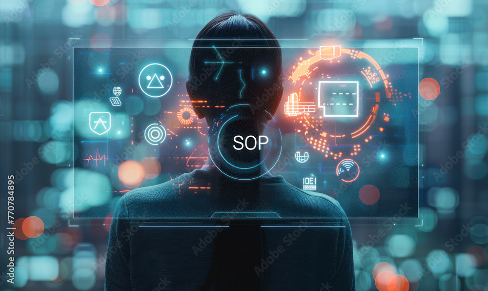 Poster individual in engaging with a digital sop (standard operating procedures) interface, featuring quali