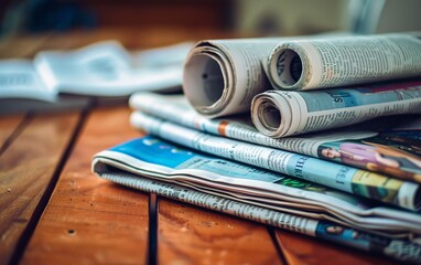A stack of newspapers on a wooden table - obrazy, fototapety, plakaty