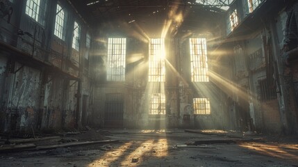 An old, abandoned factory interior, with beams of light filtering through broken windows, illuminating the dust particles in the air