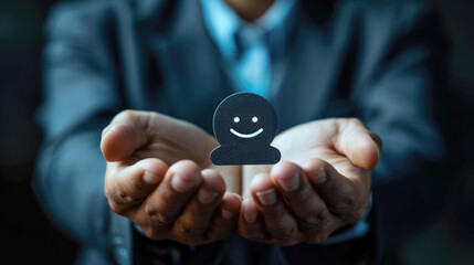 Businessman Holding Cutout of Smiley Face. A professional presenting a small cutout smiley face, offering a concept of customer satisfaction or positivity.

