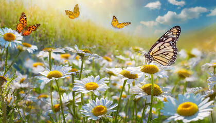 Farfalle che svolazzano su un campo di margherite illuminato dal sole in una calda giornata estiva,  - obrazy, fototapety, plakaty