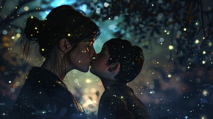 Under the watchful stars a childs kiss on their mothers cheek fills the night with love a silent ode to maternal devotion
