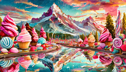 paesaggio iperealistico con caramelle e montagne di panna e zucchero filato, paese dei dolci e delle caramelle, colori vibranti e coni gelato fantasia, mondo di caramelle surreale