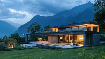 nature and sustainable living with a breathtaking shot of an eco-friendly house, bathed in the warm glow of dusk, nestled amidst a lush meadow.