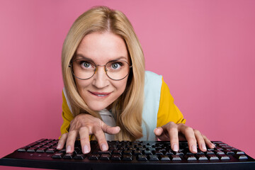 Photo of focused concentrated cunning woman professional hacking web site security protection...