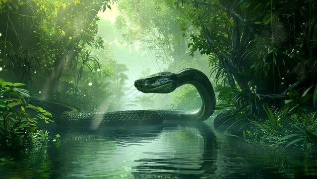Serpents of the Rainforest: Exploring the Mythical World of Giant Snakes. Seamless looping time-lapse virtual 4k video animation background