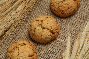 Whole grain cookies with wheat spikelets on burlap background