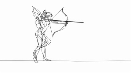 Cute Cupid angel with bow and arrow symbolizing love. Line drawing art. - 770785819