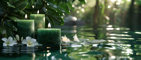 Serene Green Candles Spa Setup with White Flowers Reflection on Water - obrazy, fototapety, plakaty