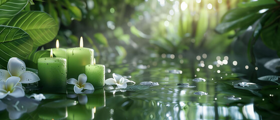 Green Candles with White Blooms Spa Concept in Lush Setting - obrazy, fototapety, plakaty