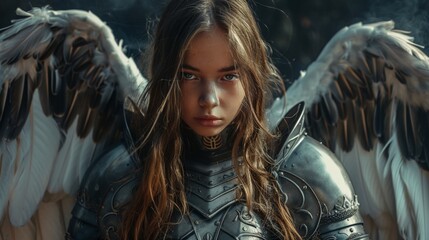 Close-up portrait of a female angel warrior with armor - 770786039