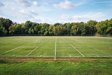 Obraz premium American football field with green grass and trees in the background, horizontal aspect