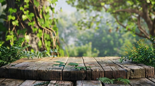Weathered wooden podium in an outdoor rustic setting for eco friendly and organic product showcases
