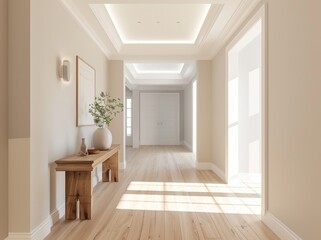 The bright, airy hallway with white oak floors and light colored walls creates an open feel
